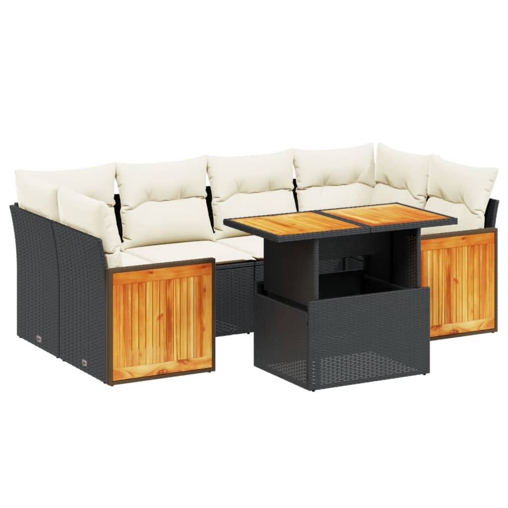 7 Piece Garden Sofa Set with Cushions Black Poly Rattan