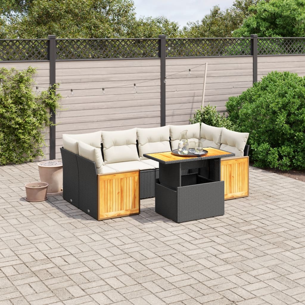 7 Piece Garden Sofa Set with Cushions Black Poly Rattan