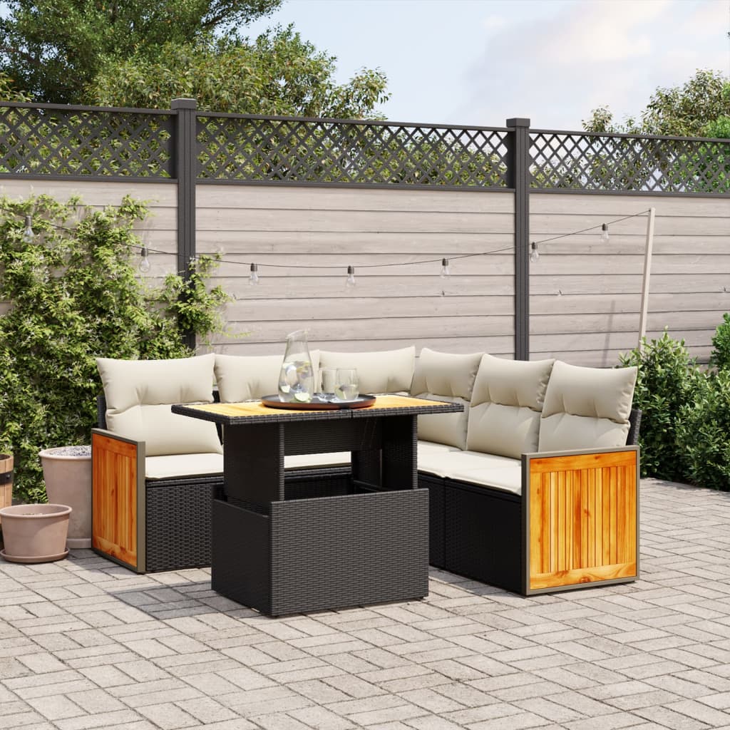 6 Piece Garden Sofa Set with Cushions Black Poly Rattan