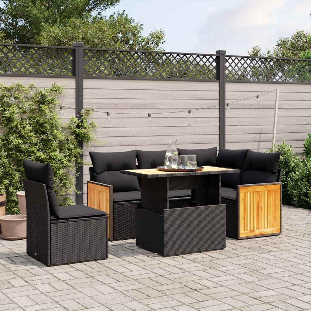 6 Piece Garden Sofa Set with Cushions Black Poly Rattan