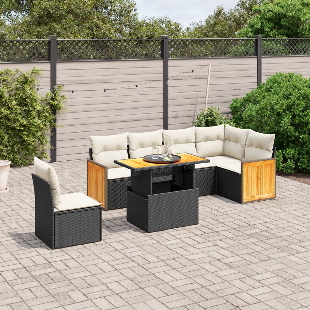 7 Piece Garden Sofa Set with Cushions Black Poly Rattan