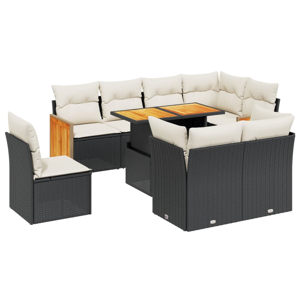 9 Piece Garden Sofa Set with Cushions Black Poly Rattan