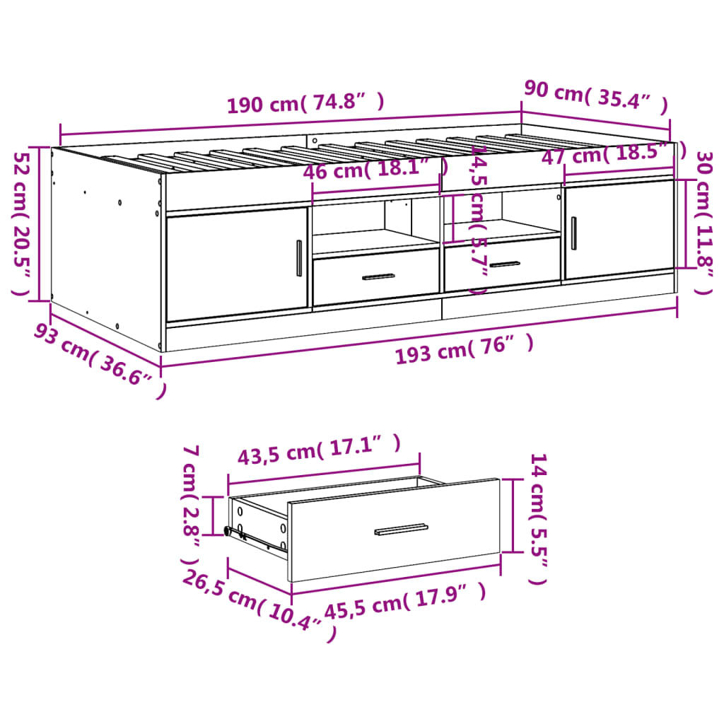 Daybed with Drawers without Mattress White 90x190 cm