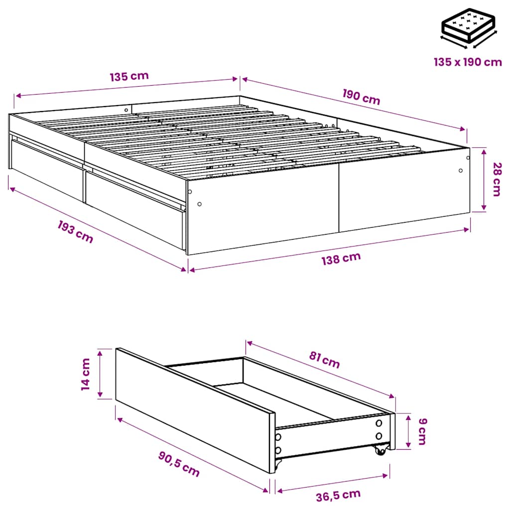 Bed Frame with Drawers without Mattress White 135x190 cm