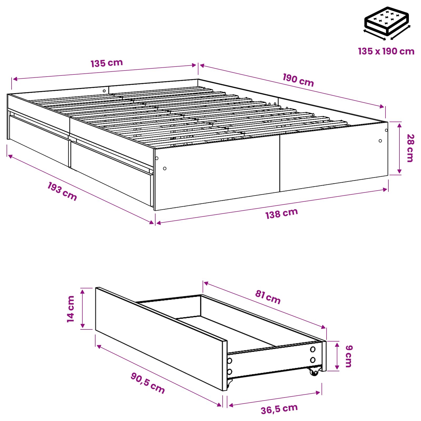 Bed Frame with Drawers without Mattress White 135x190 cm