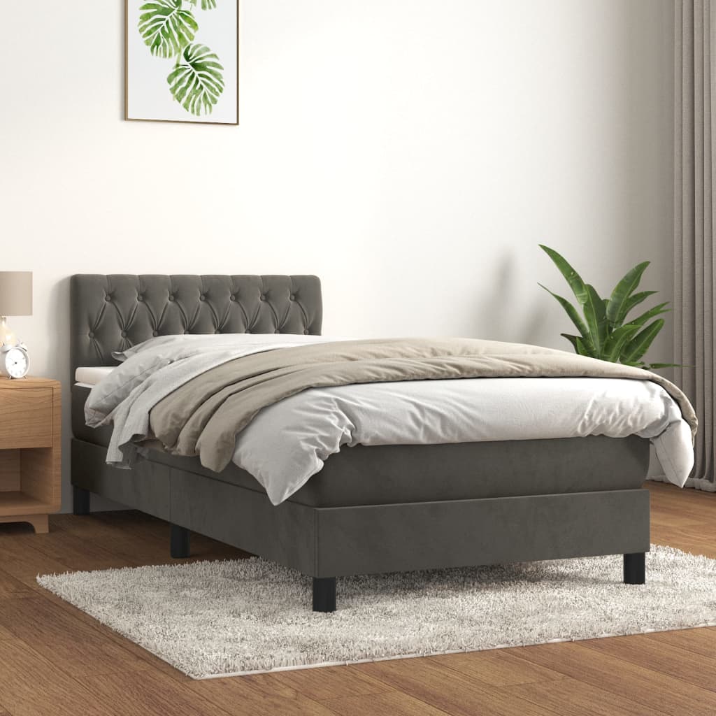 Box Spring Bed with Mattress Dark Grey 107x203 cm King Single Velvet