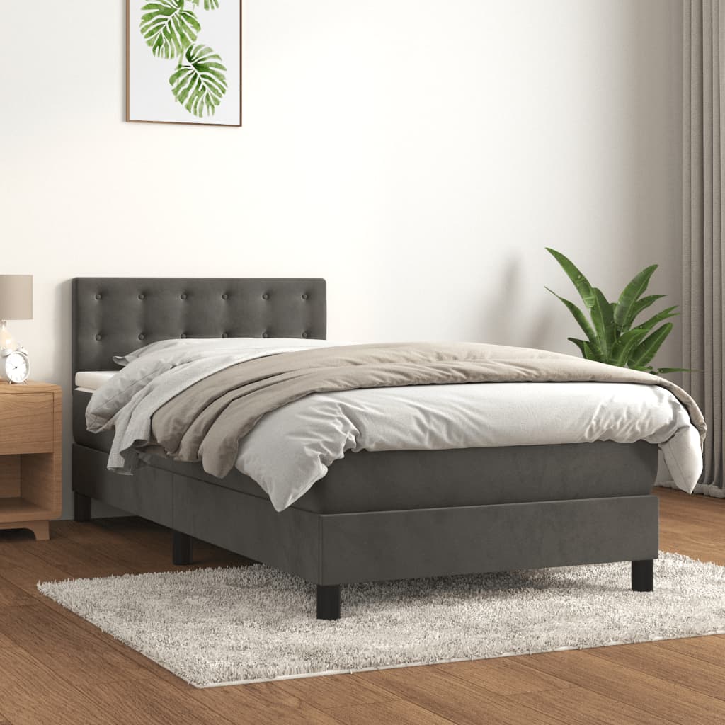 Box Spring Bed with Mattress Dark Grey 107x203 cm King Single Velvet