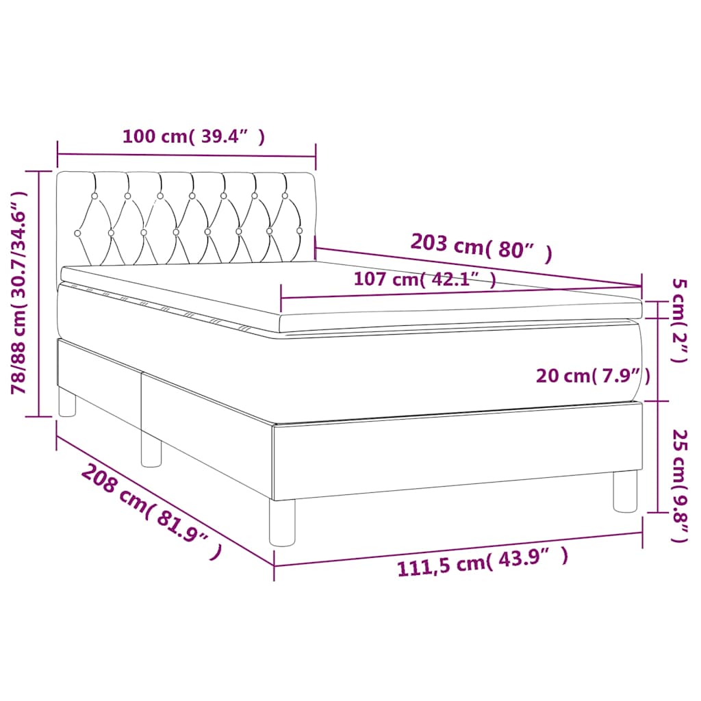 Box Spring Bed with Mattress&LED Black 107x203 cm King Single Size Fabric