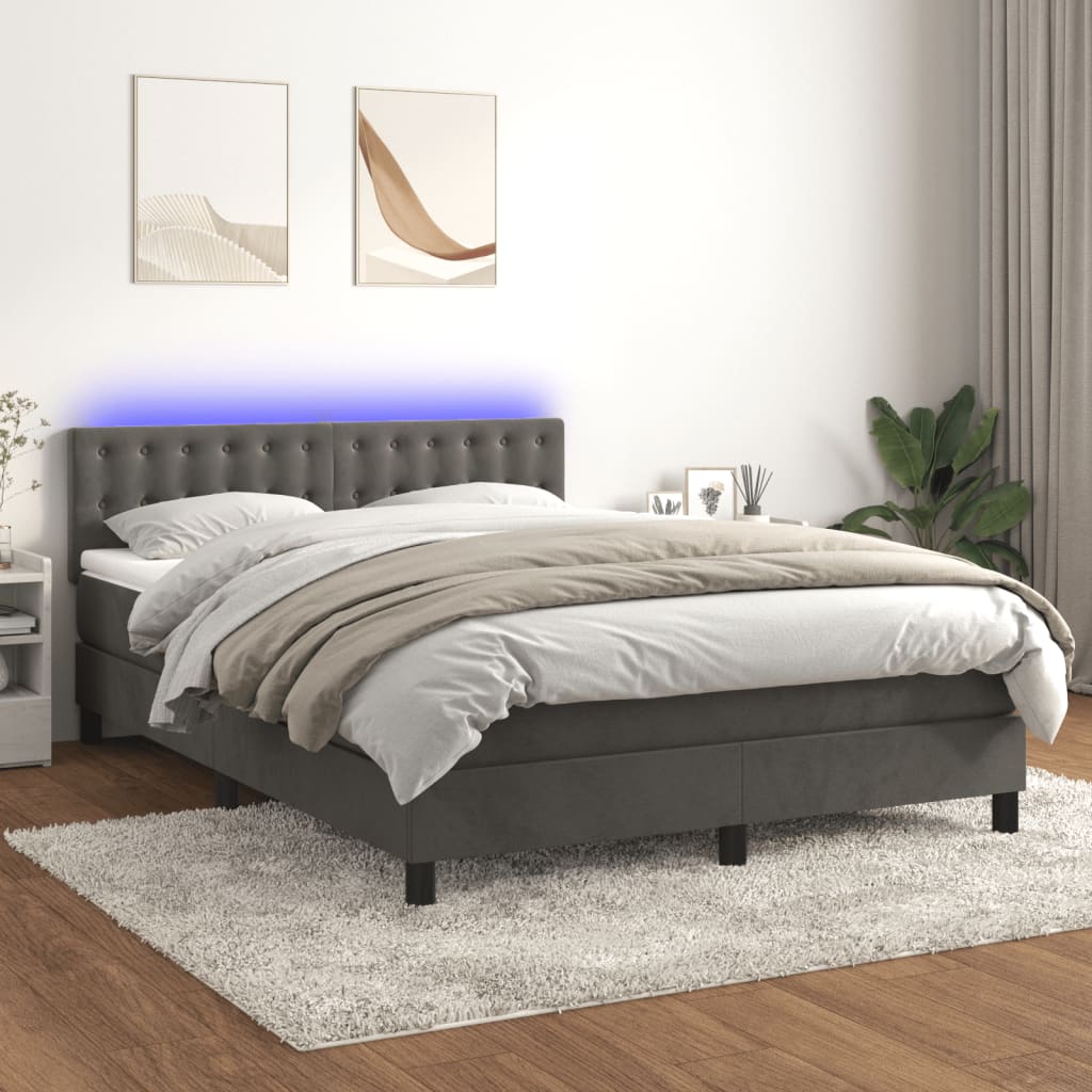 Box Spring Bed with Mattress&LED Dark Grey 137x190 cm Velvet