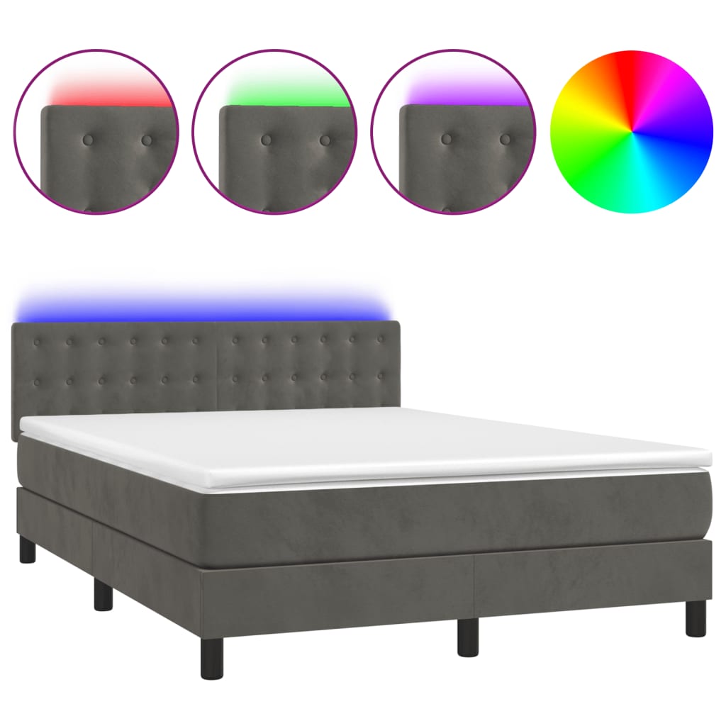 Box Spring Bed with Mattress&LED Dark Grey 137x190 cm Velvet