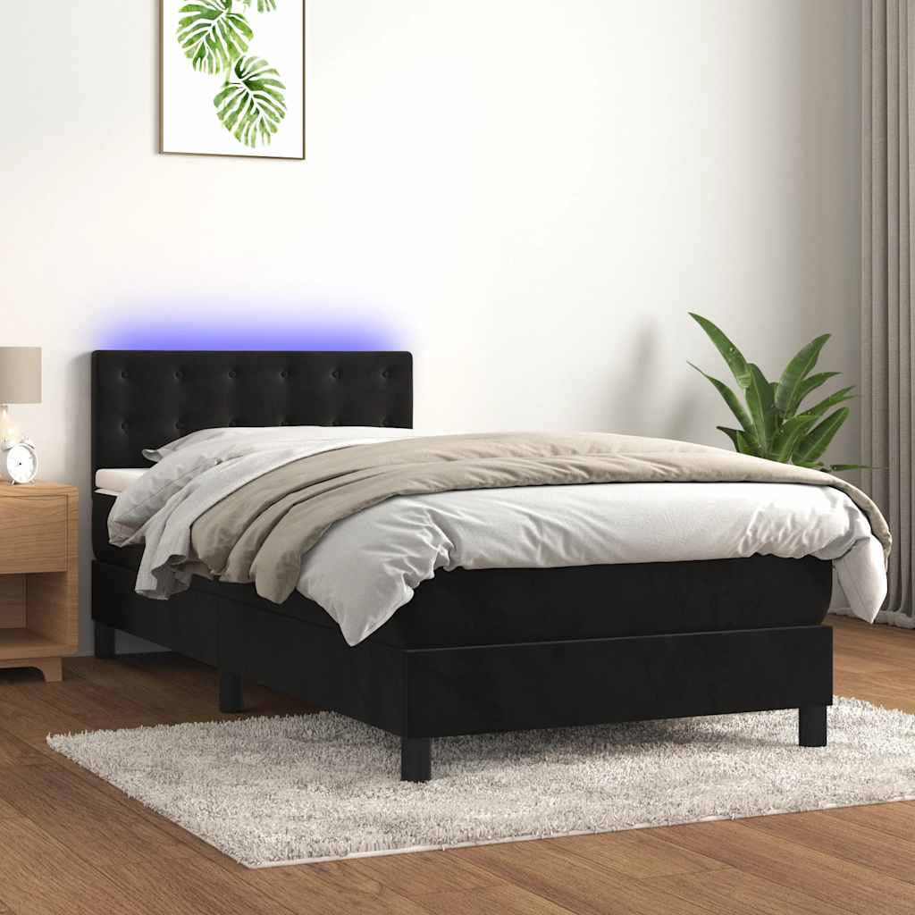 Box Spring Bed with Mattress&LED Black 107x203 cm King Single Size Velvet