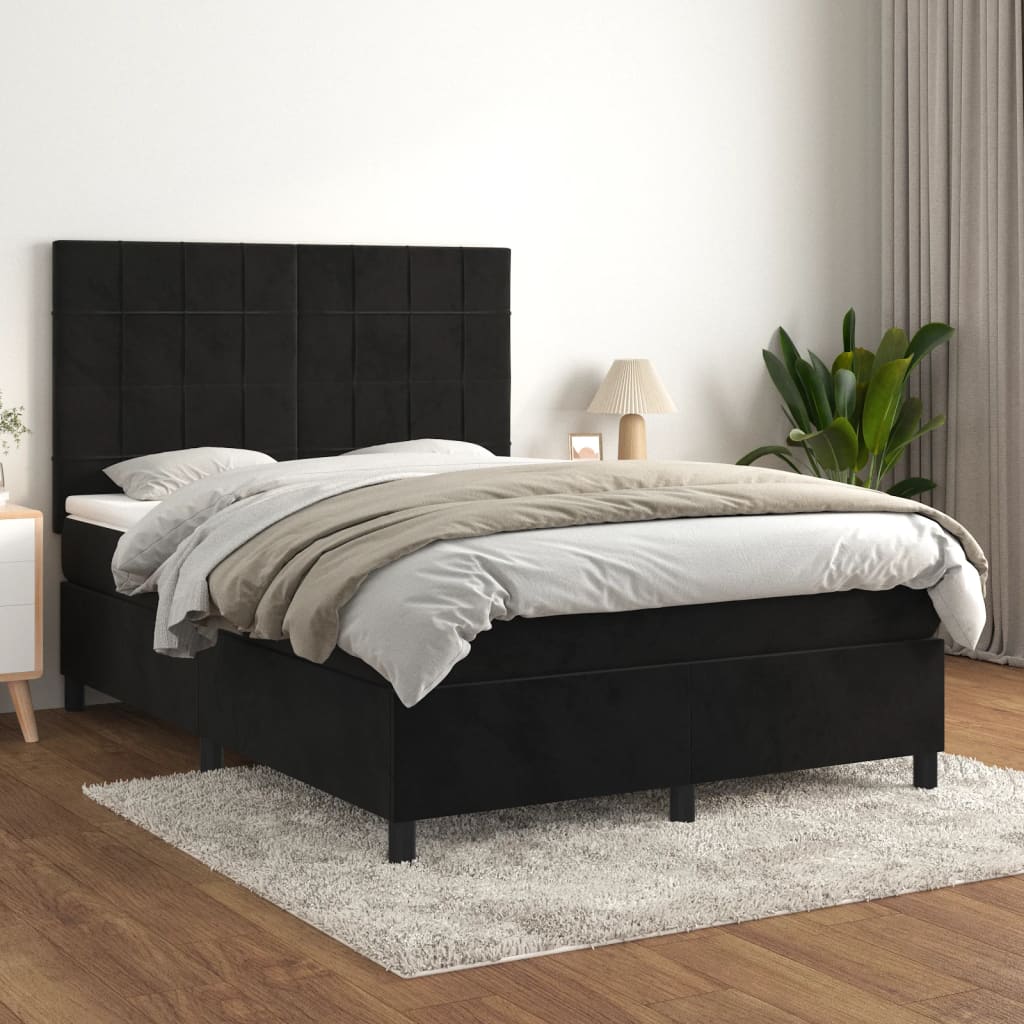 Box Spring Bed with Mattress Black 137x190 cm Full Velvet