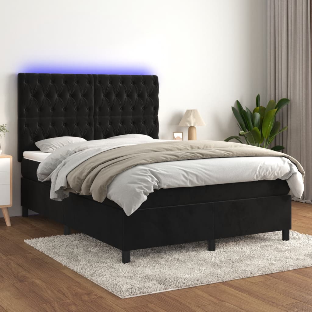 Box Spring Bed with Mattress&LED Black 153x203 cm Queen Size Velvet