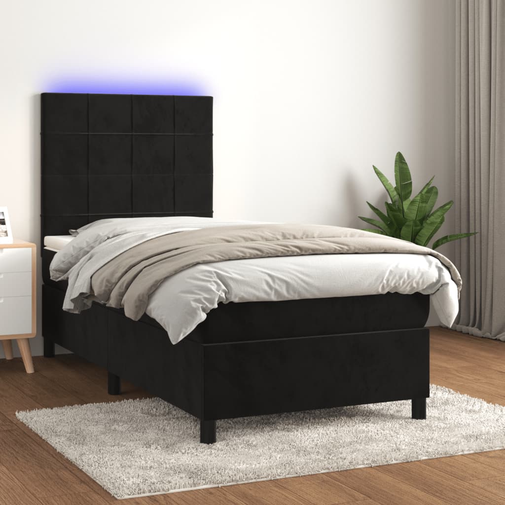 Box Spring Bed with Mattress&LED Black 107x203 cm King Single Size Velvet