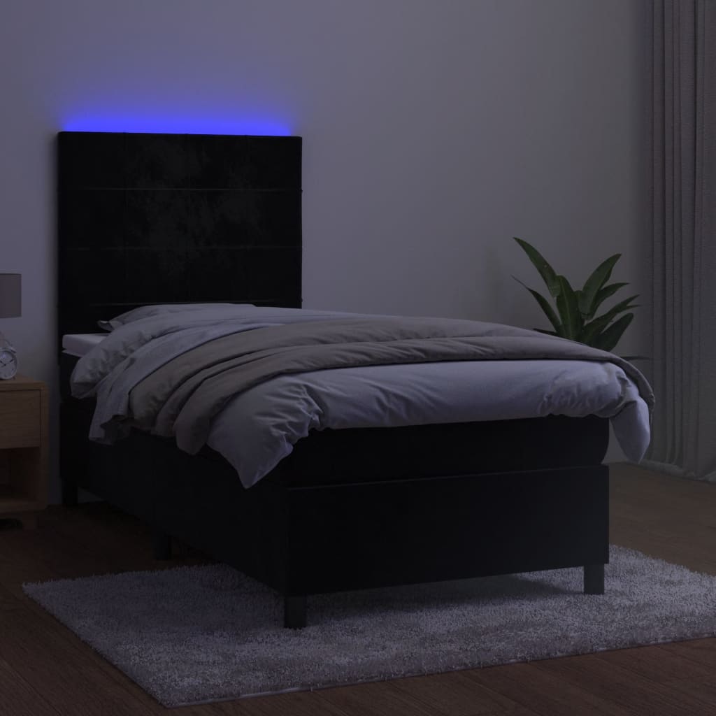 Box Spring Bed with Mattress&LED Black 107x203 cm King Single Size Velvet