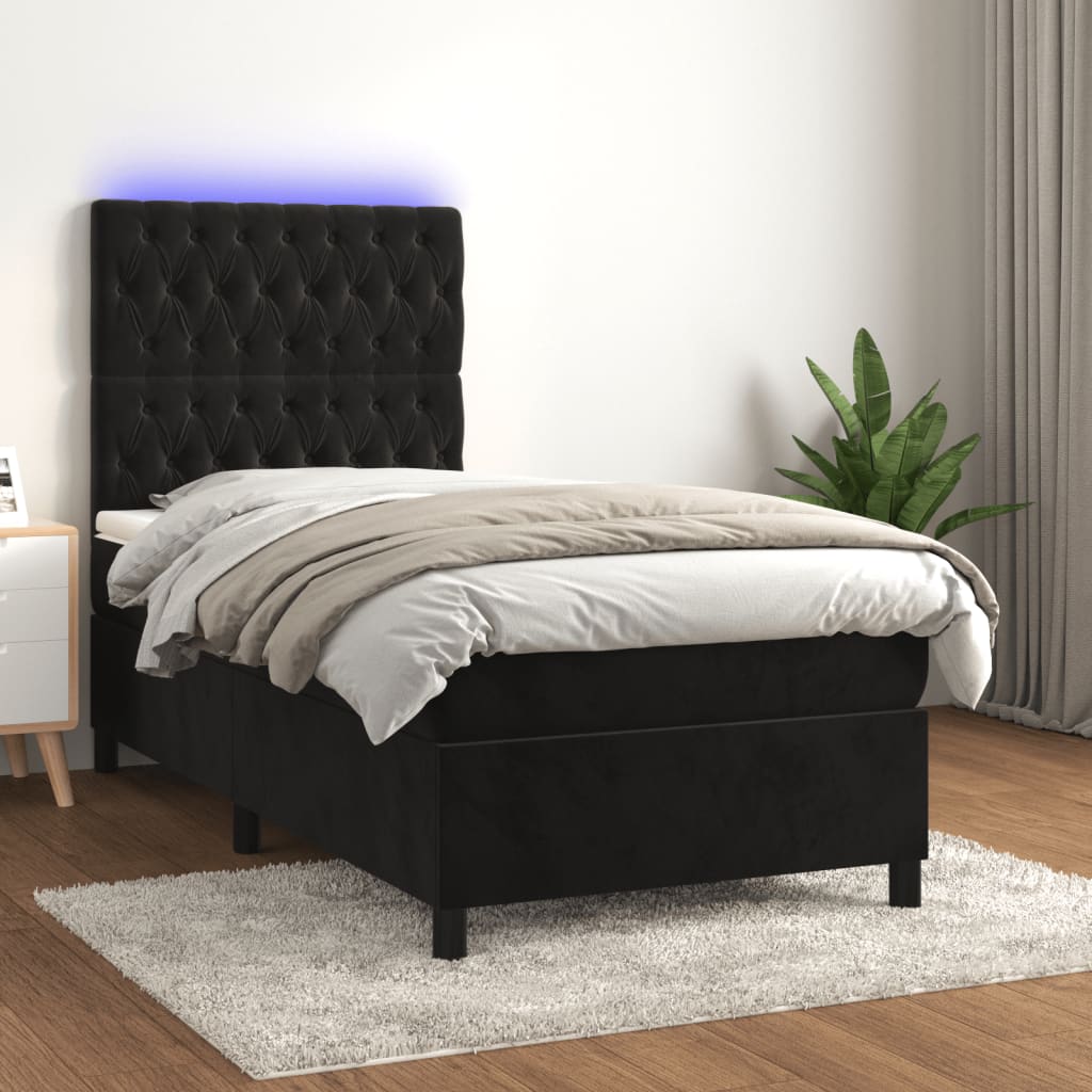 Box Spring Bed with Mattress&LED Black 107x203 cm King Single Size Velvet
