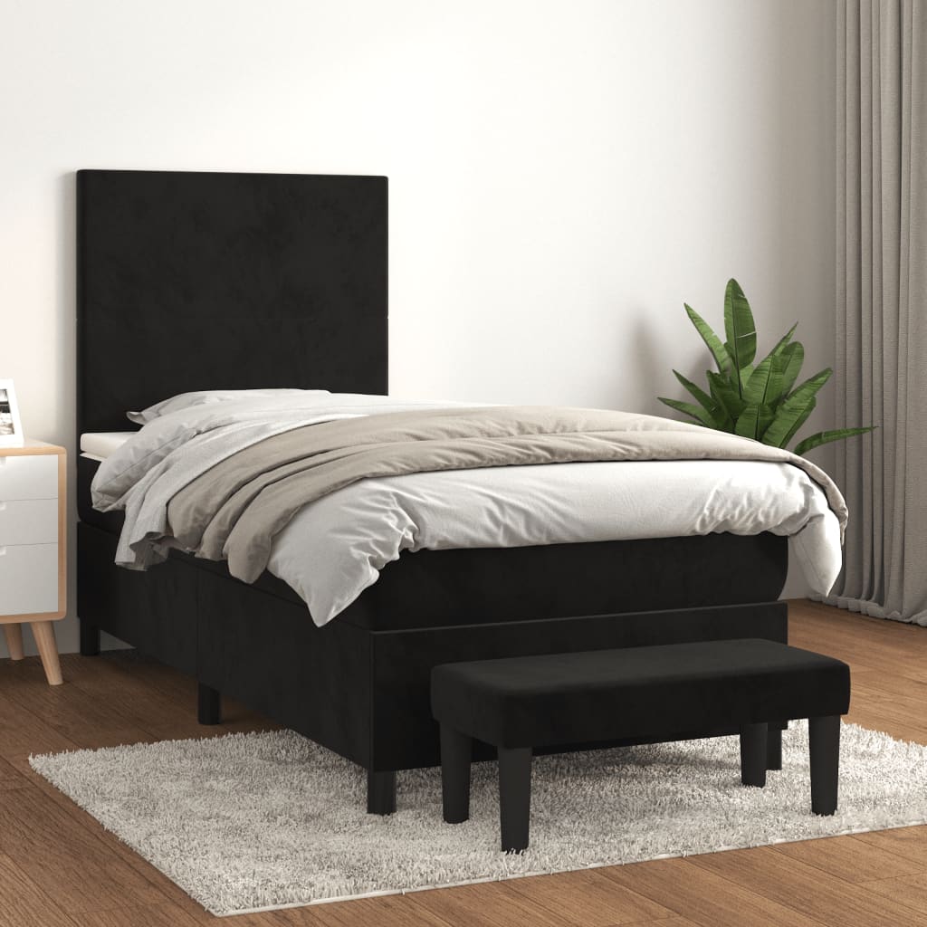 Box Spring Bed with Mattress Black 107x203 cm King Single Size Velvet