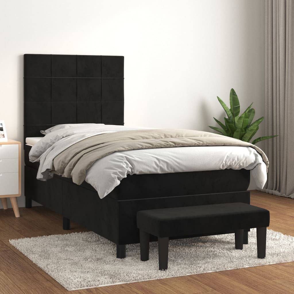 Box Spring Bed with Mattress Black 107x203 cm King Single Size Velvet