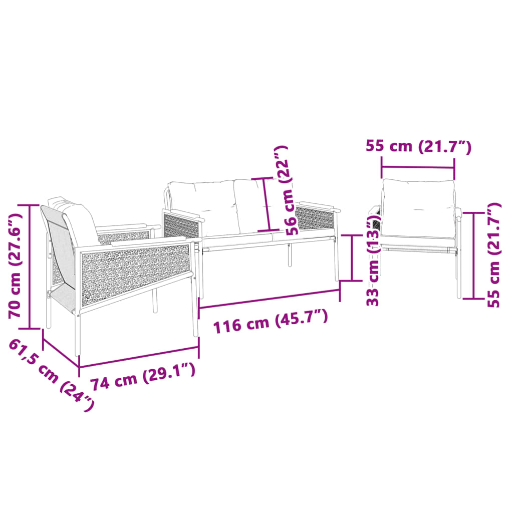3 Piece Balcony Furniture Set with Cushions Black Steel