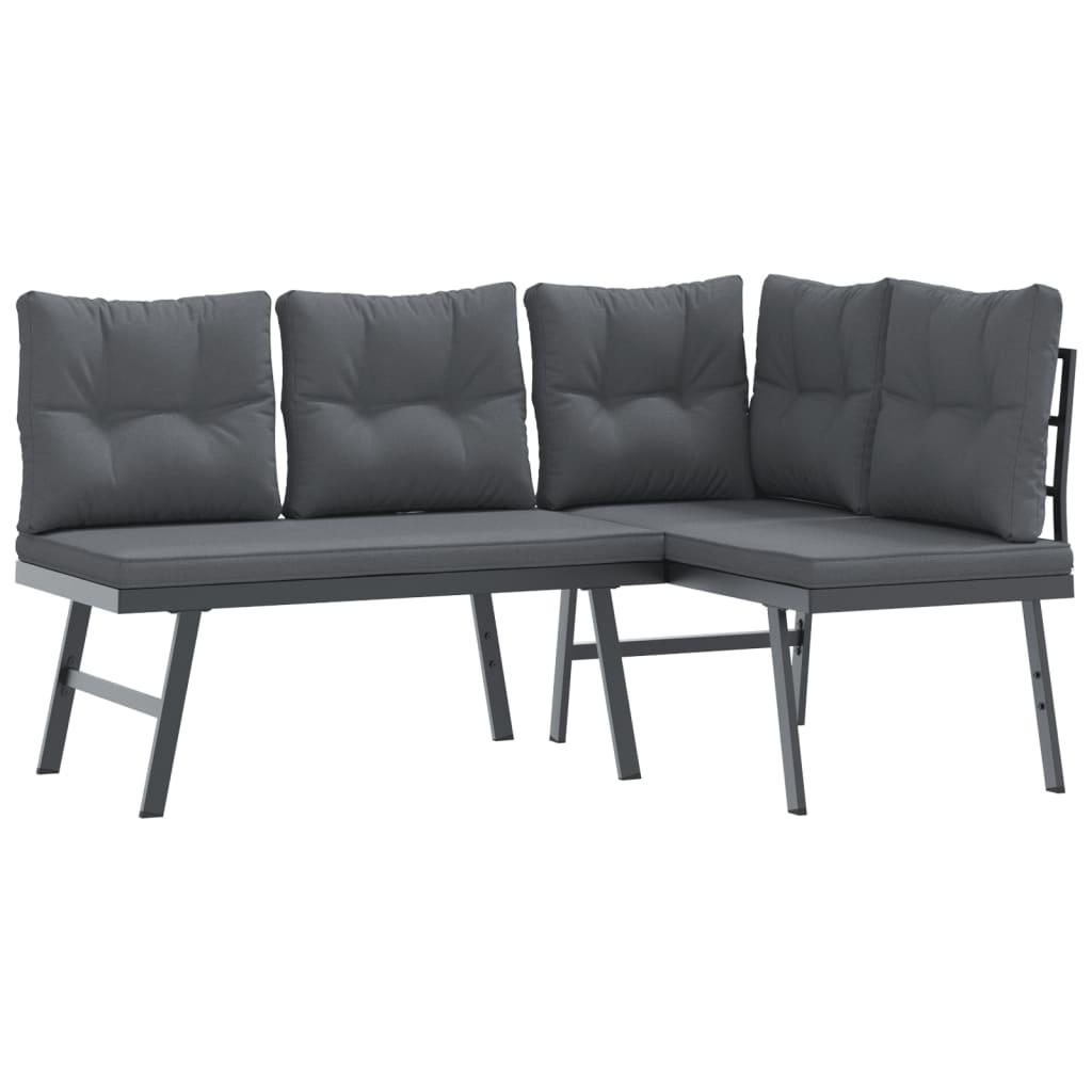 5 Piece Garden Bench Set with Cushions Black Powder-coated Steel