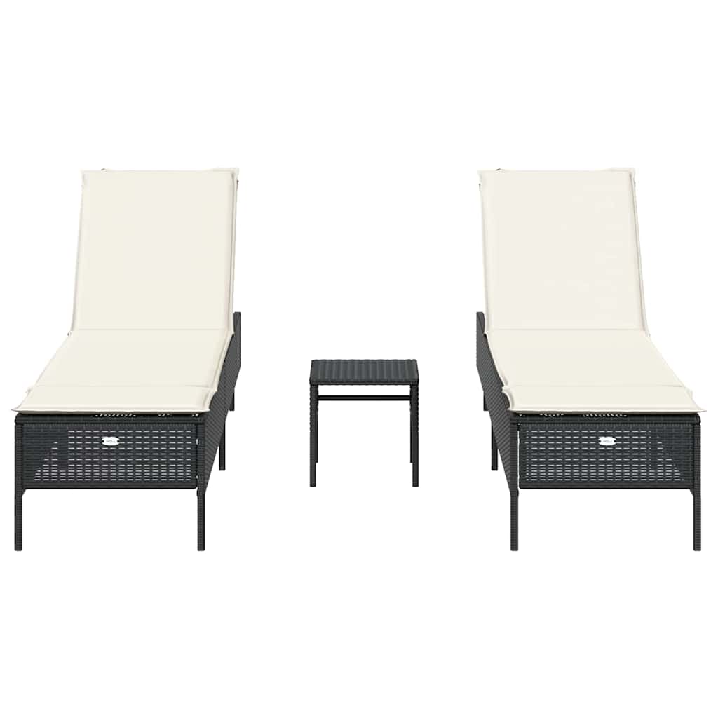 3 Piece Sun Lounger Set with Cushion Black Poly Rattan