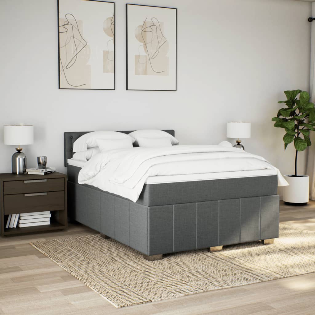 Box Spring Bed with Mattress Dark Grey Queen Fabric