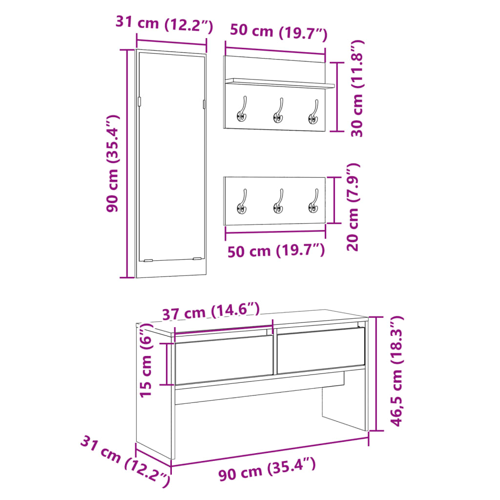 4 Piece Hallway Furniture Set White Engineered Wood