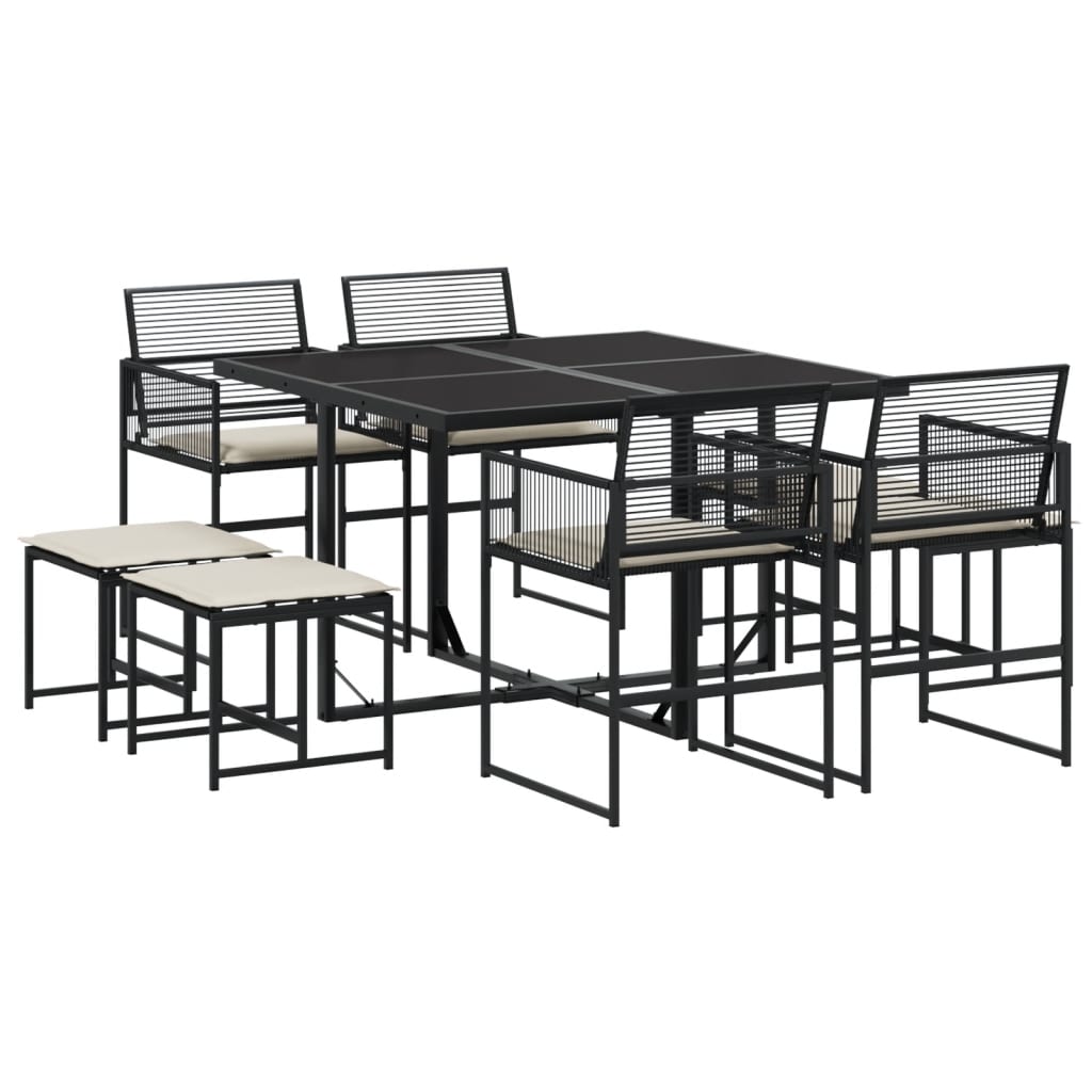 9 Piece Garden Dining Set with Cushions Black Poly Rattan