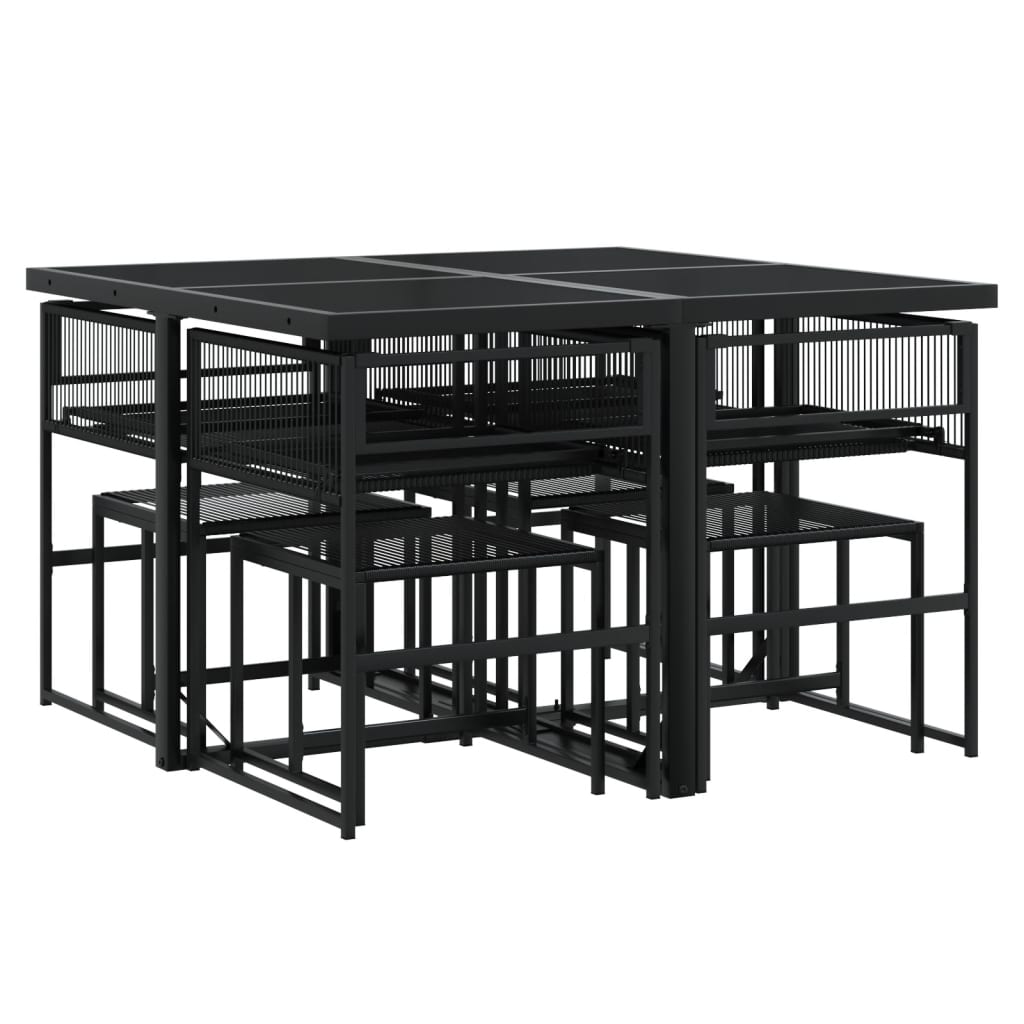 9 Piece Garden Dining Set with Cushions Black Poly Rattan