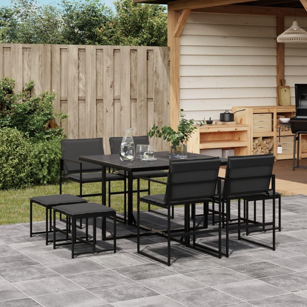 9 Piece Garden Dining Set with Cushions Black Textilene