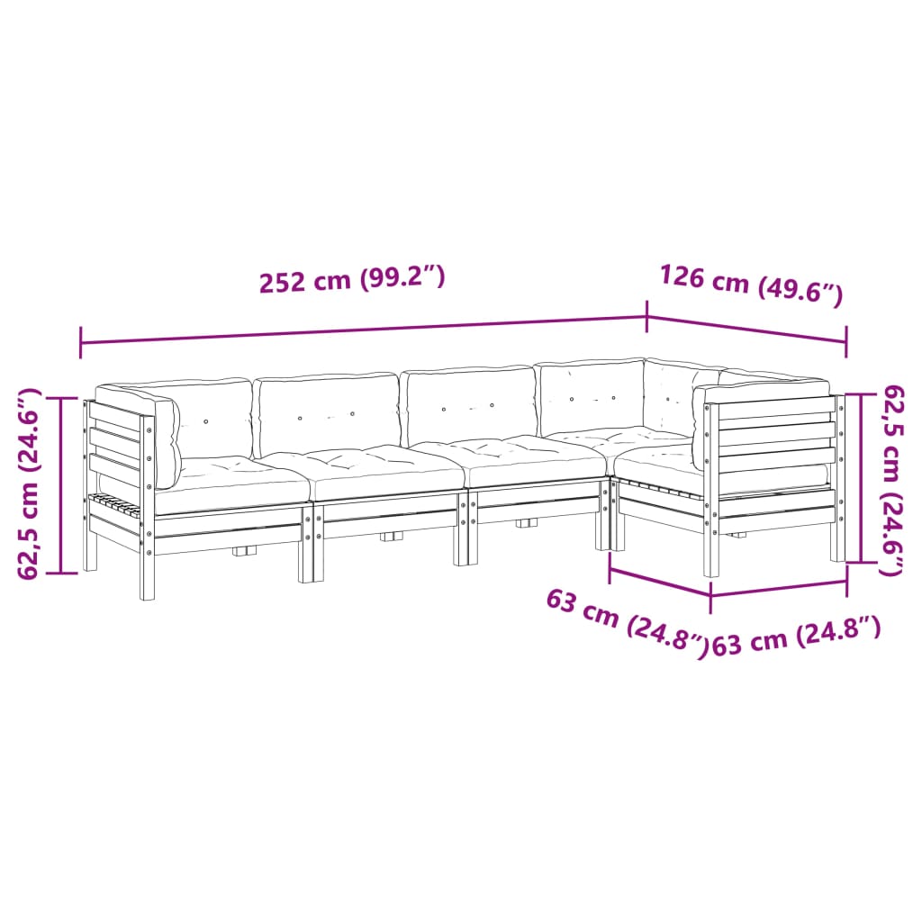 5 Piece Garden Sofa Set with Cushions Wax Brown Solid Wood Pine
