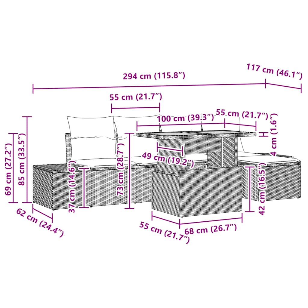 Garden Dining Set with Cushion 6 pcs Black and Brown