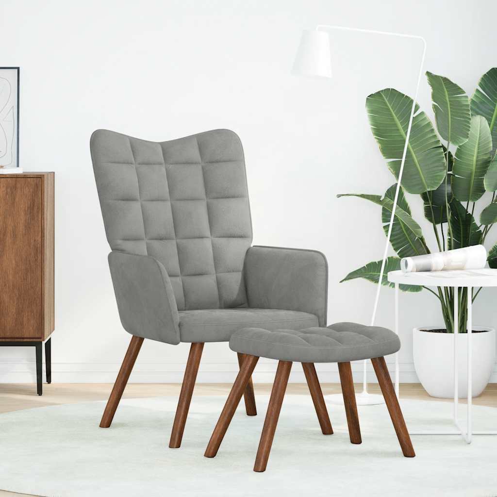 Relaxing Chair with Stool Light Grey Velvet