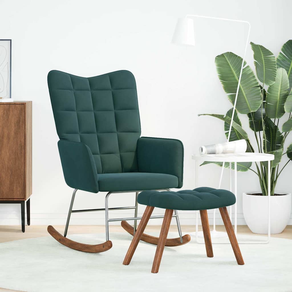 Rocking Chair with Stool Dark Green Velvet
