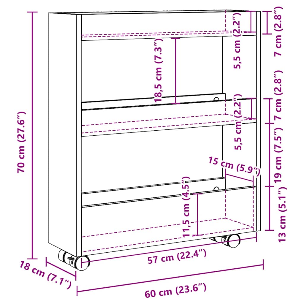 Narrow Storage Trolley 3 Tier White Engineered Wood