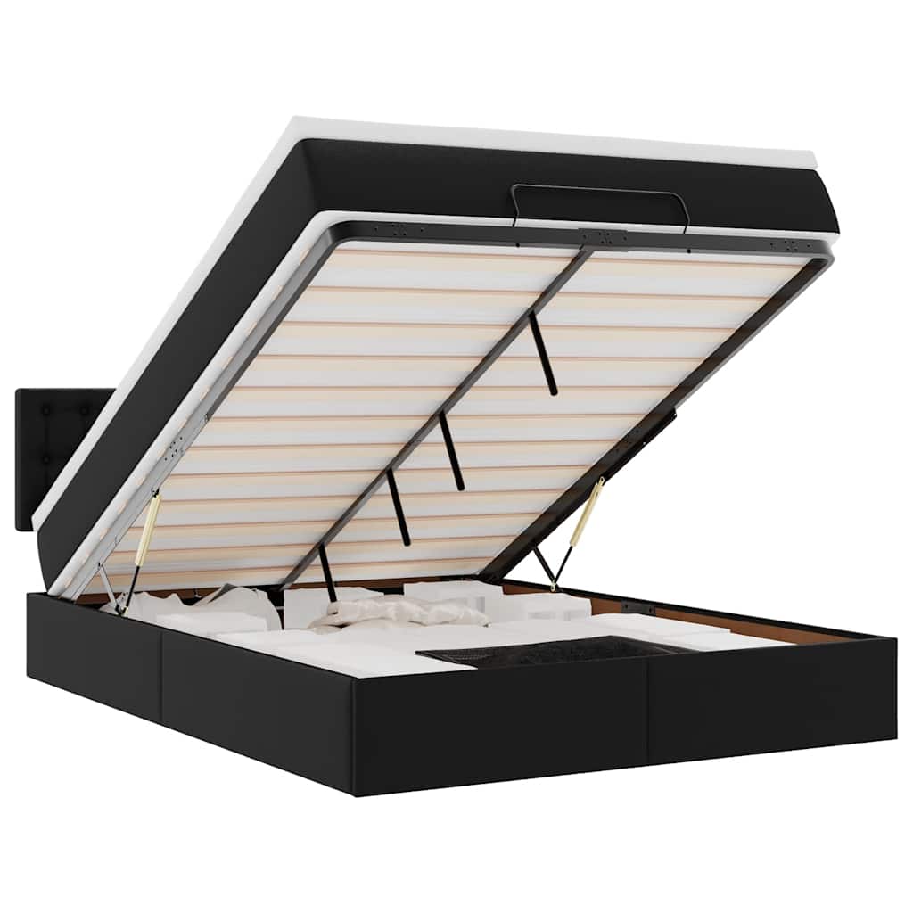 Ottoman Bed with Mattress Black Queen Faux Leather