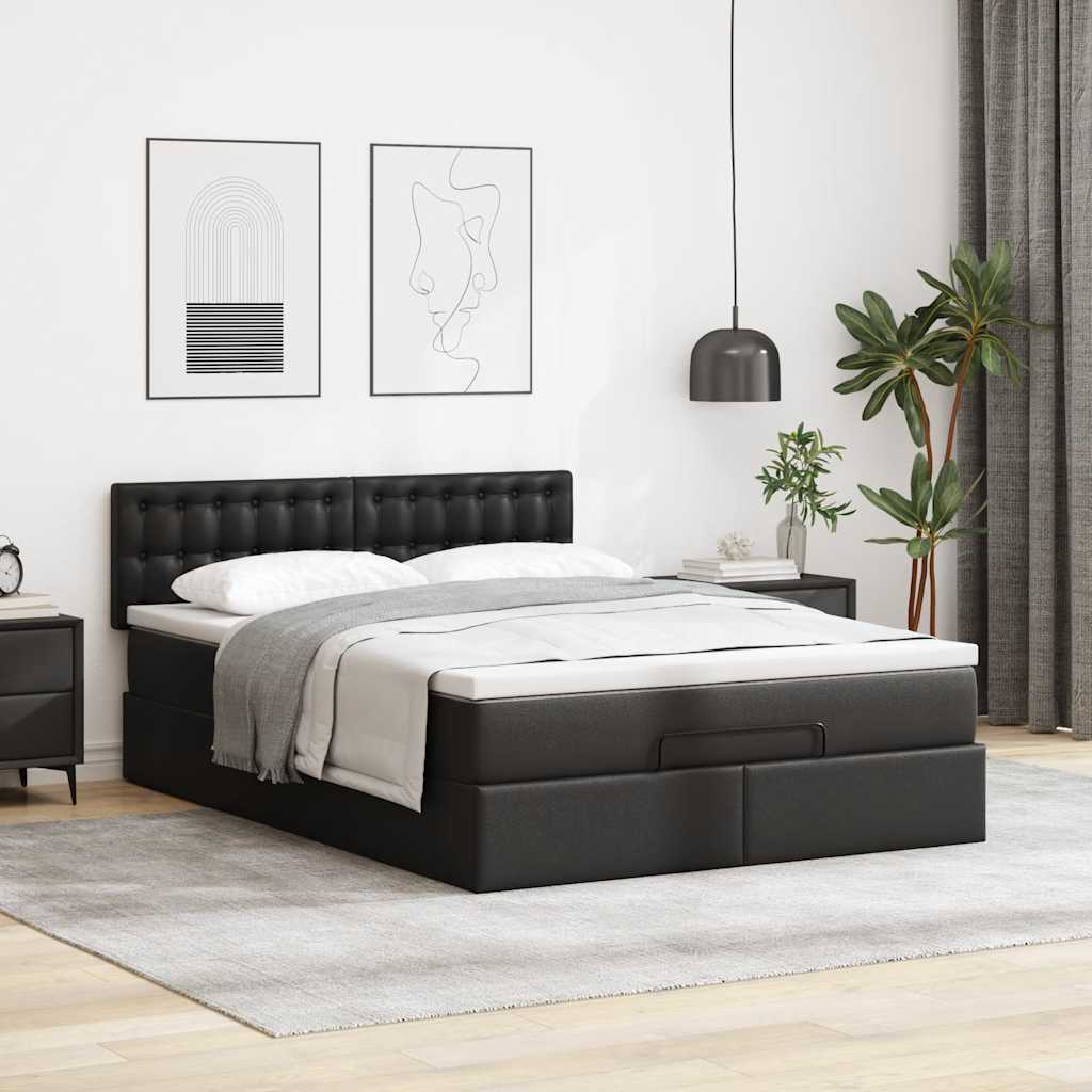 Ottoman Bed with Mattress Black Queen Faux Leather