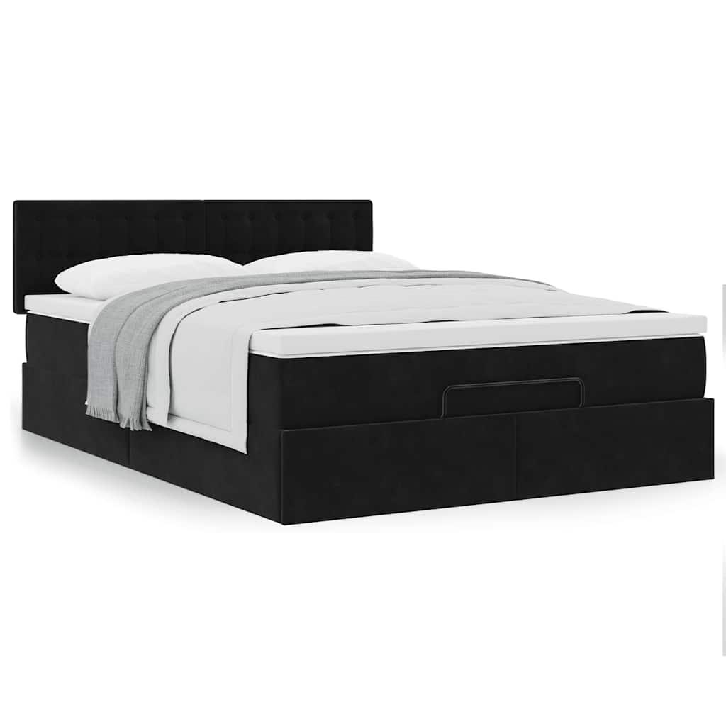 Ottoman Bed with Mattress Black Queen Velvet