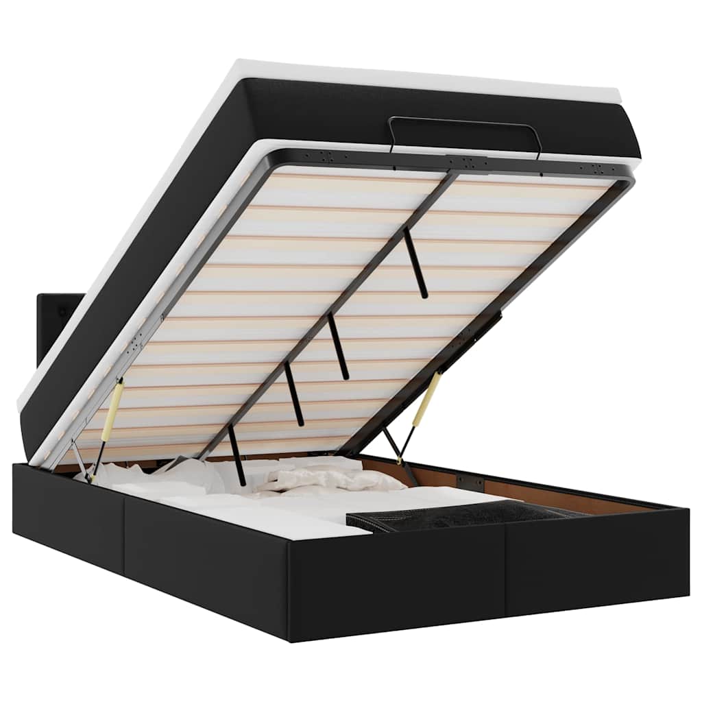 Ottoman Bed with Mattresses & LEDs Black King Single Faux Leather