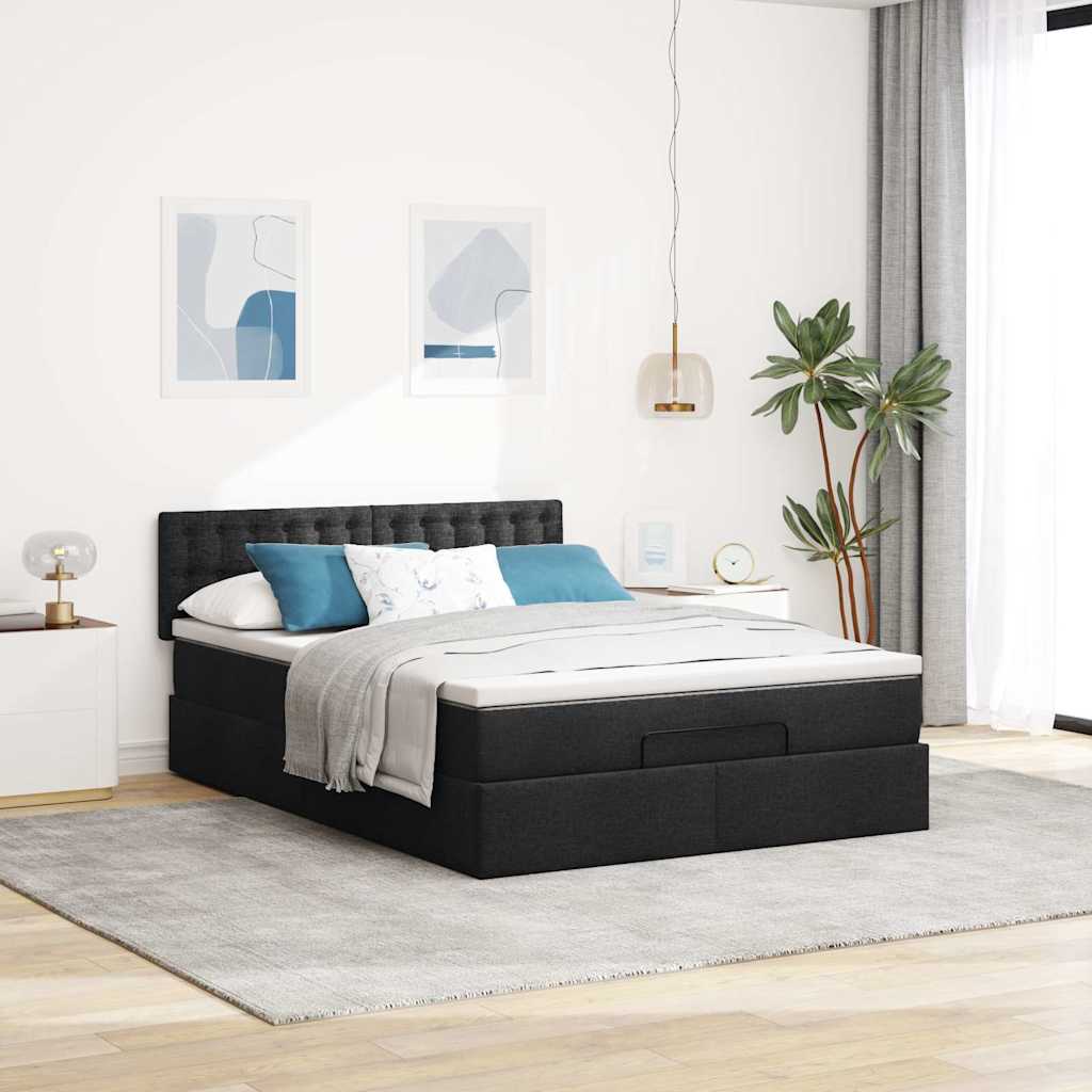 Ottoman Bed with Mattress & LEDs Black Queen Fabric