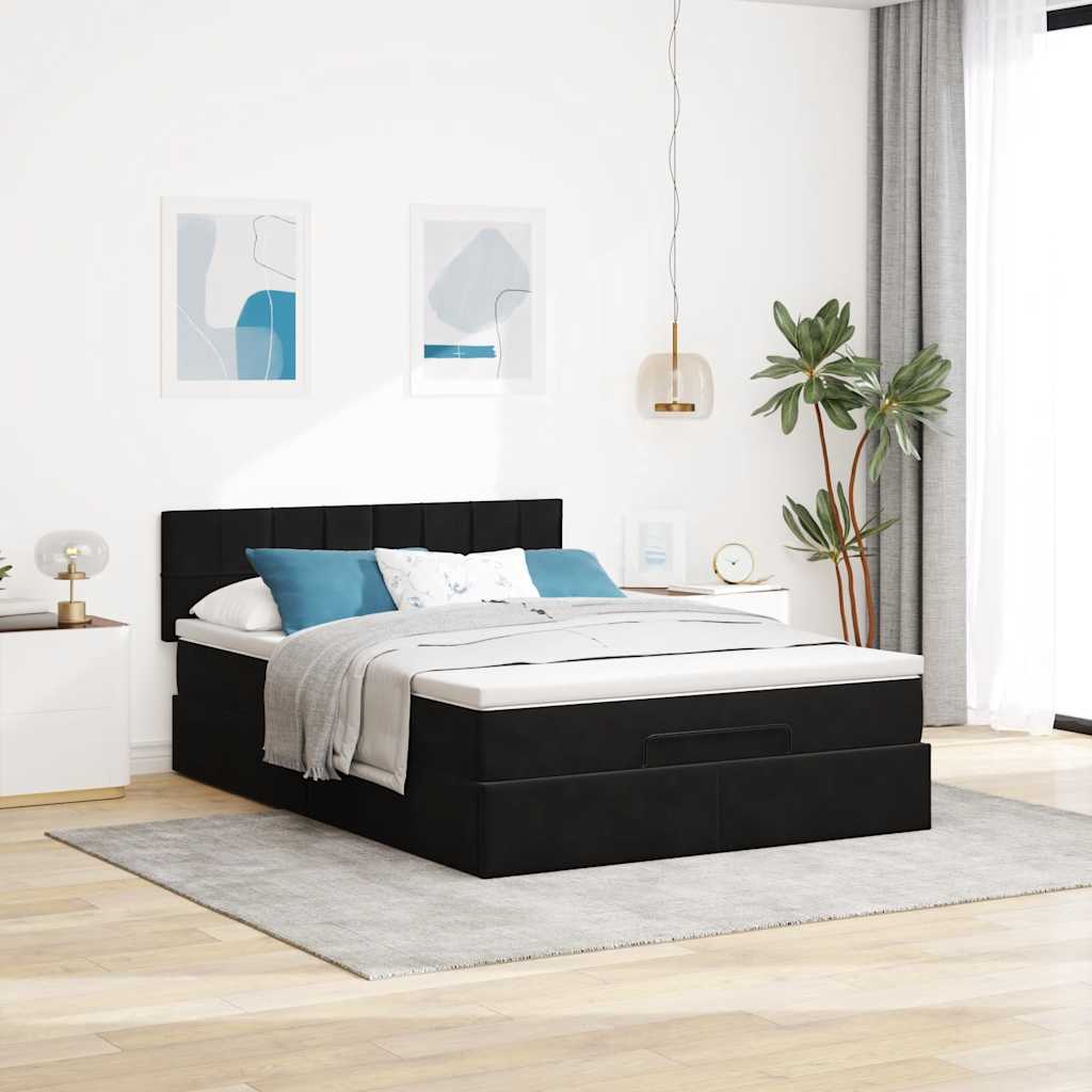 Ottoman Bed with Mattress & LEDs Black Queen Velvet