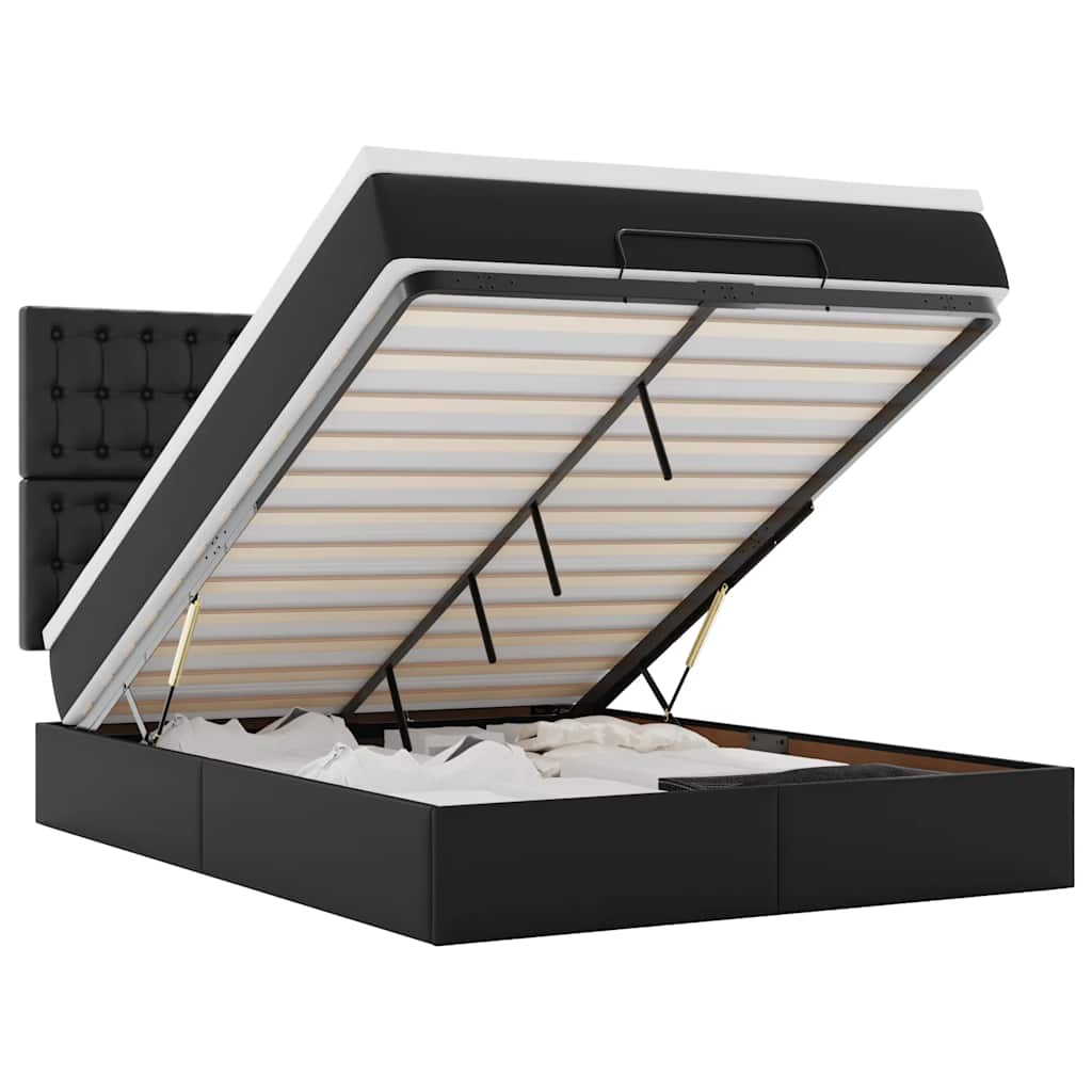 Ottoman Bed with Mattress Black Queen Faux Leather