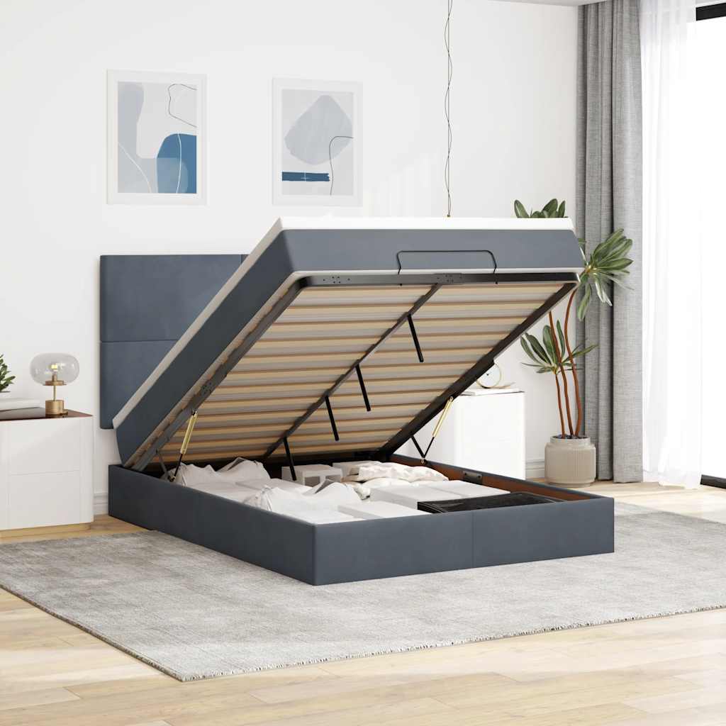 Ottoman Bed with Mattresses Dark Grey Queen Velvet