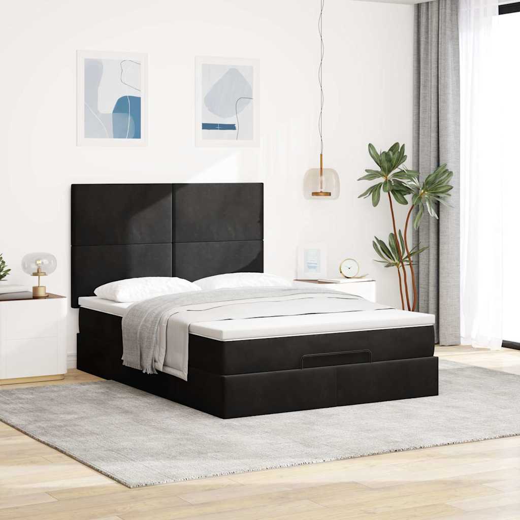 Ottoman Bed with Mattresses Black Queen Velvet