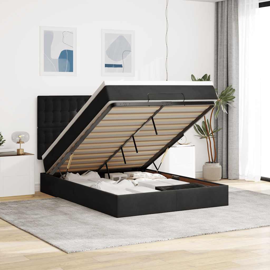 Ottoman Bed with Mattresses Black Queen Velvet