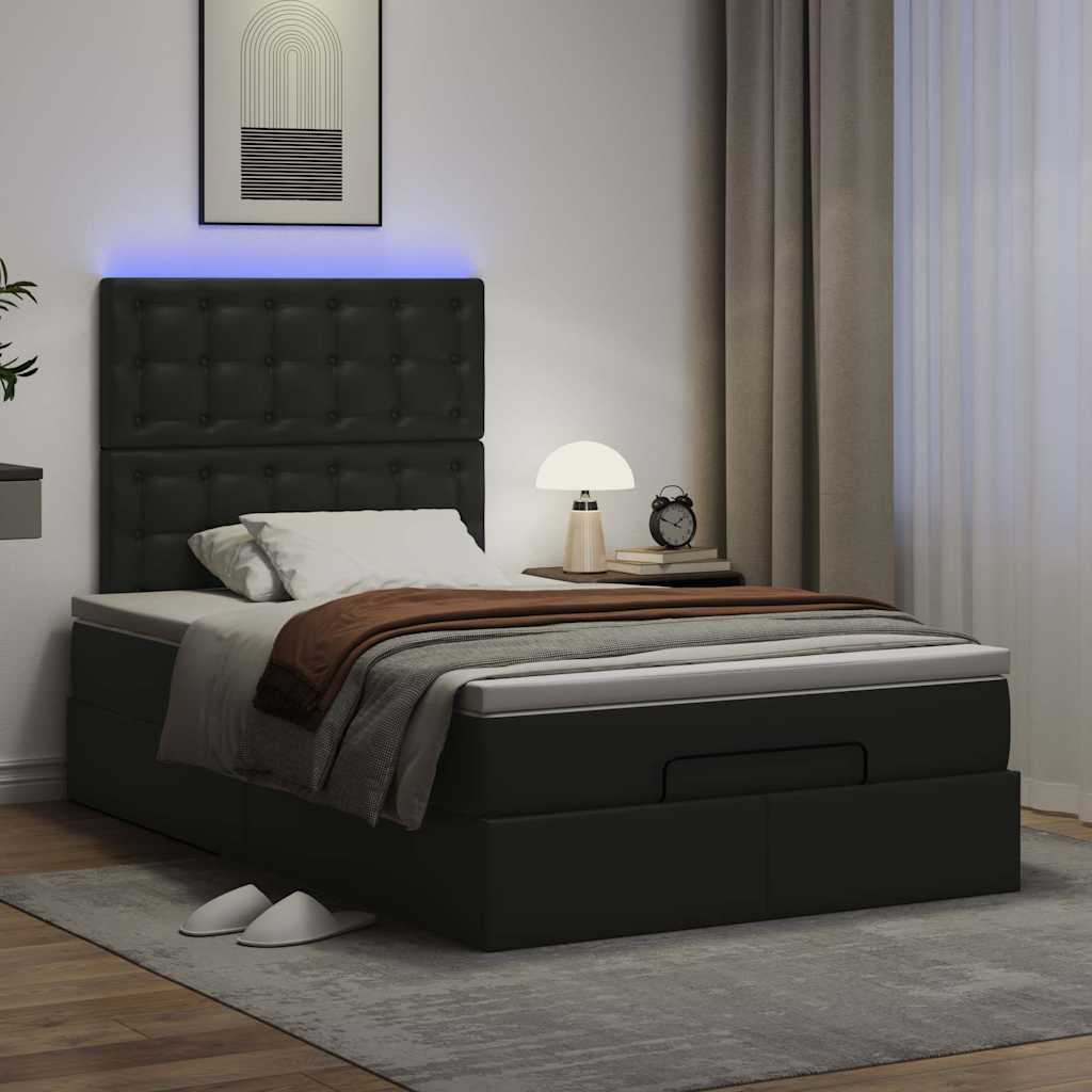 Ottoman Bed with Mattress & LEDs Black King Single Faux Leather