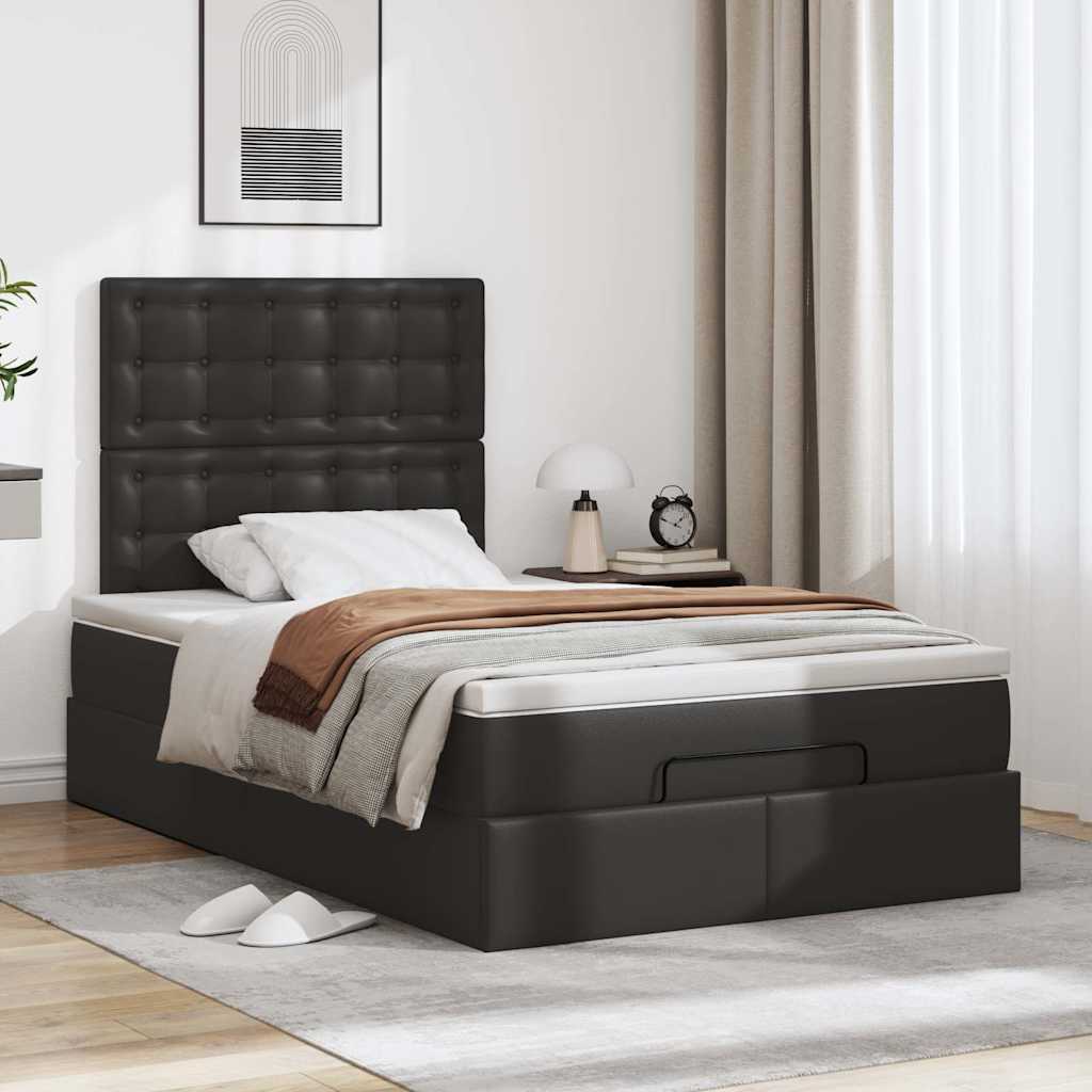 Ottoman Bed with Mattress & LEDs Black King Single Faux Leather