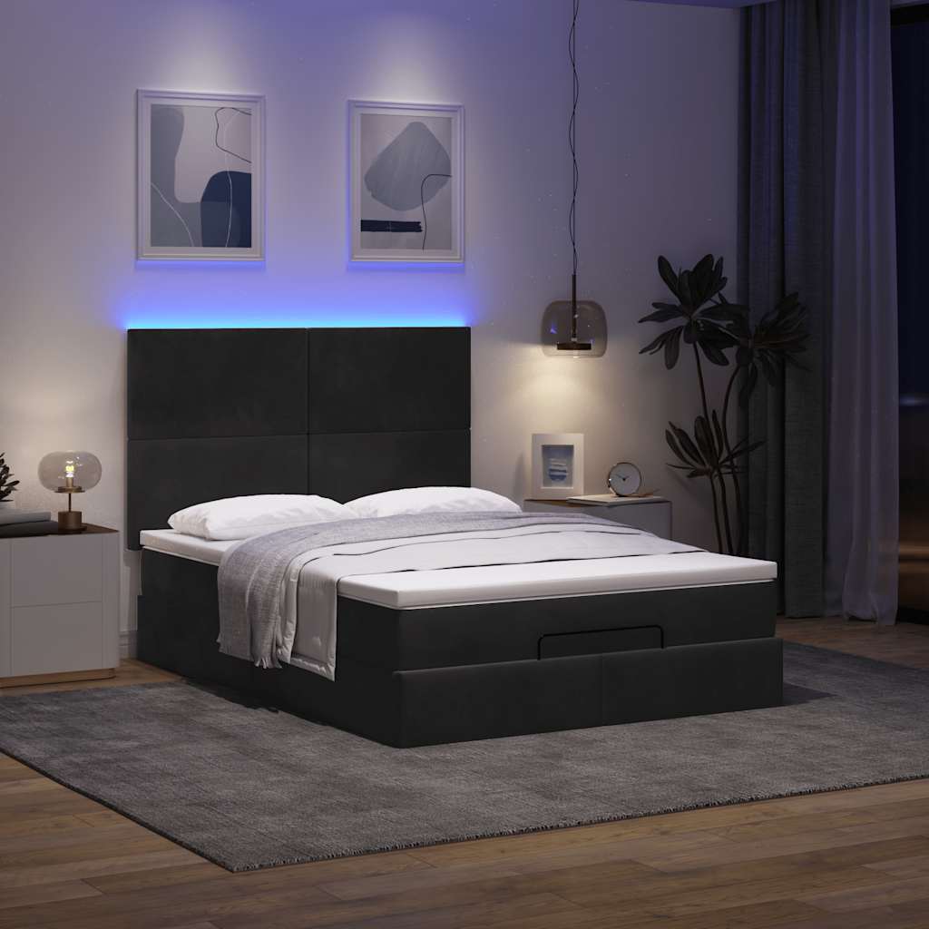 Ottoman Bed with Mattresses & LEDs Black Queen Velvet
