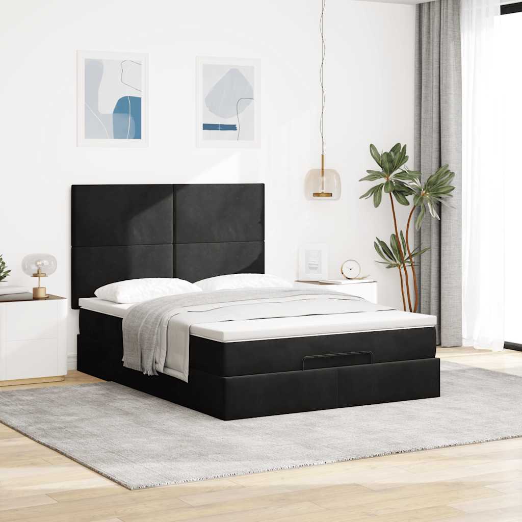 Ottoman Bed with Mattresses & LEDs Black Queen Velvet