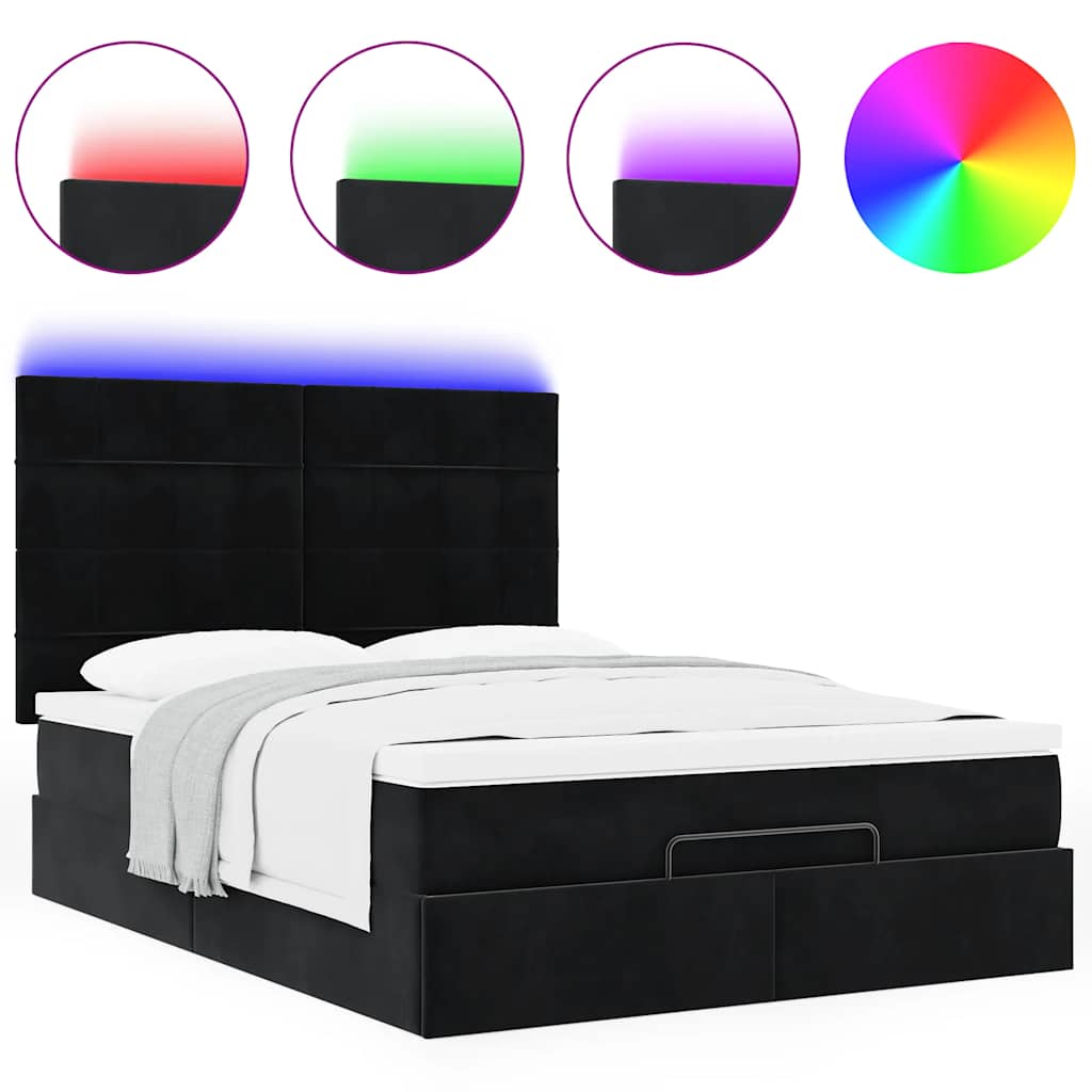 Ottoman Bed with Mattresses & LEDs Black Queen Velvet